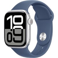Apple Watch Series 10 42 мм (алюминиевый корпус, серебристый/синий, спортивный силиконовый ремешок M/L)